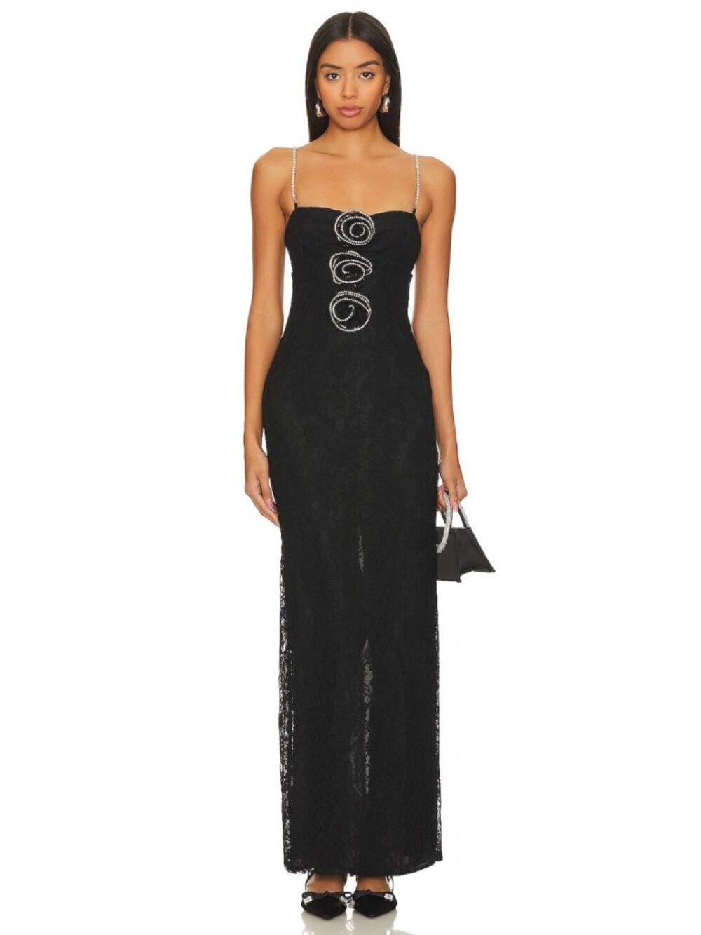 Lovers + Friends Rachel Nadine Black Lace Rhinestone Gown M MSRP $300